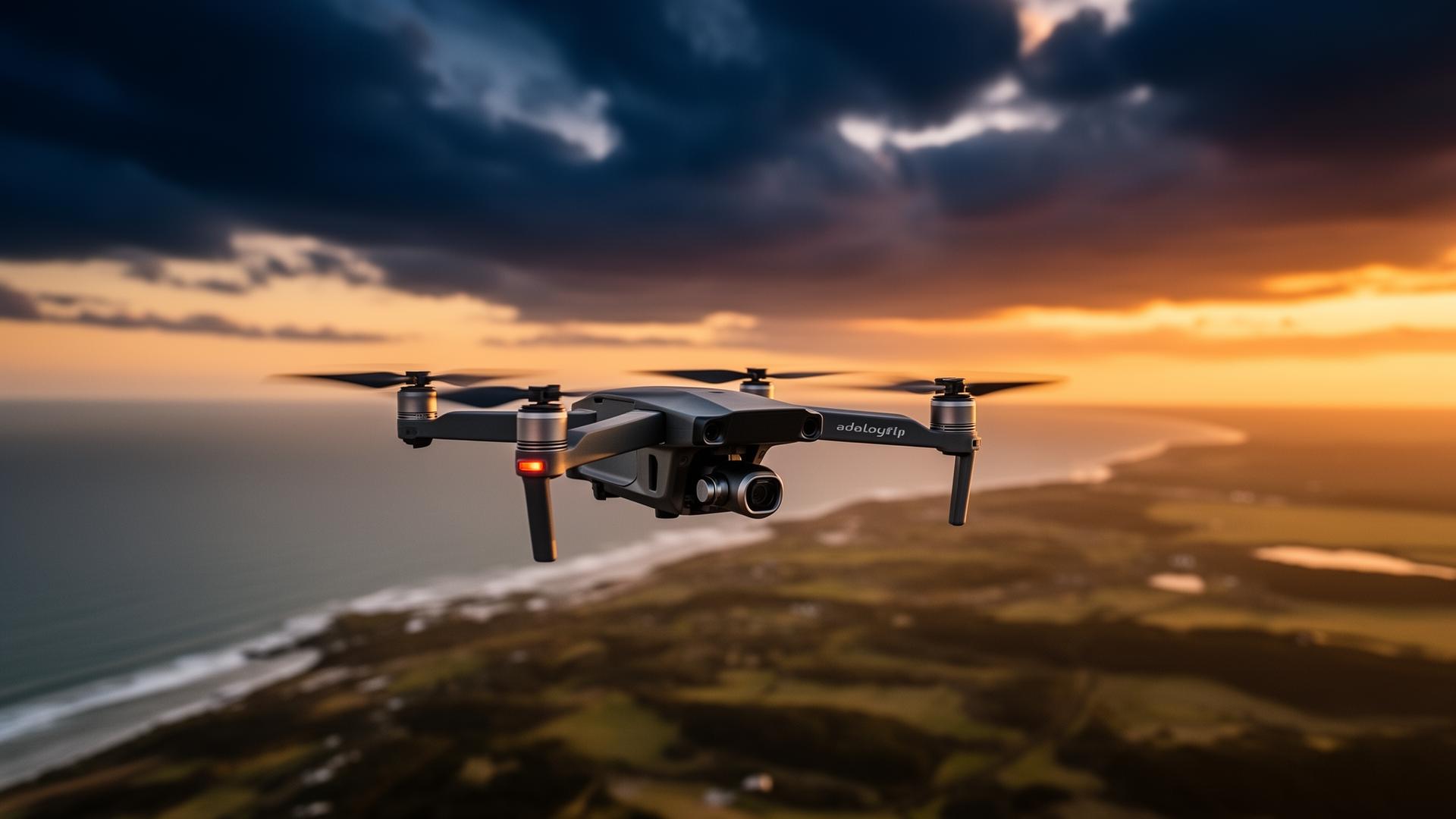 Professional drone in flight at golden hour